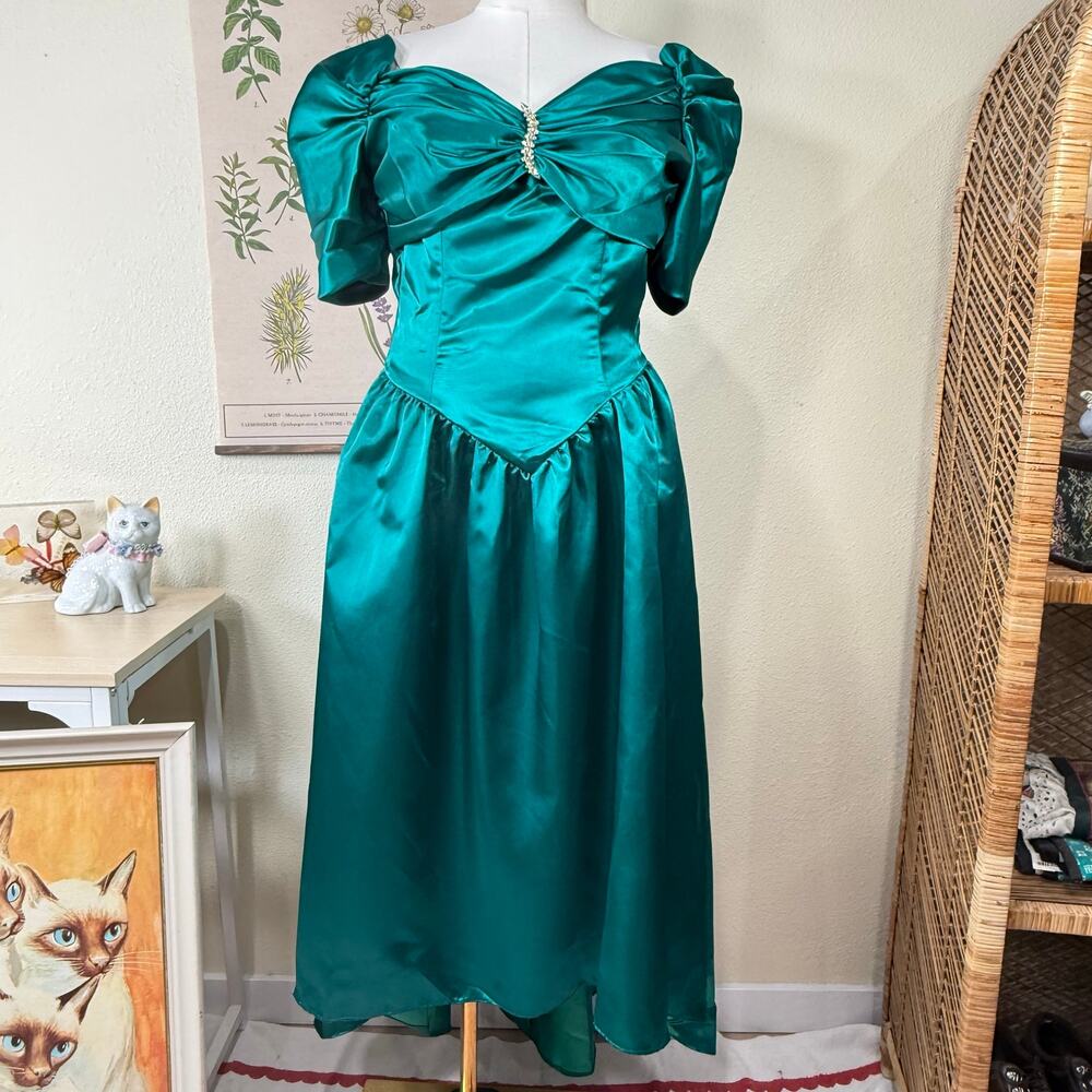 Vintage 80s Satin Drop Waist Off Shoulder Dress Regal Victorian Edwardian Vamp M